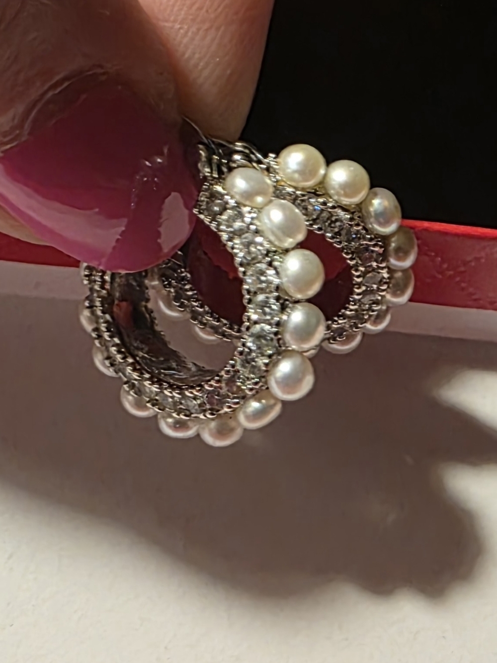 Pearl and Crystal Hoop Earrings - White Pearls on Silver